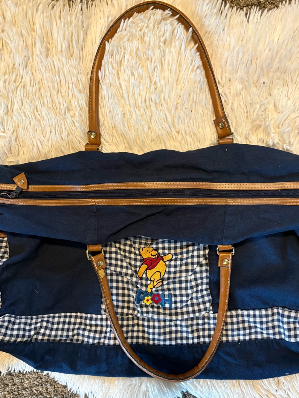 Y2K Navy Winnie the Pooh Baby Bag with Tan Handles